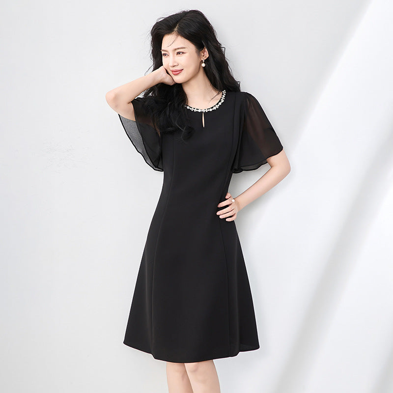 Elegant Fashion Black Dresses Round Neck Diamond Ruffles Sleeve High Waist Slim A-line Summer Dress for Women