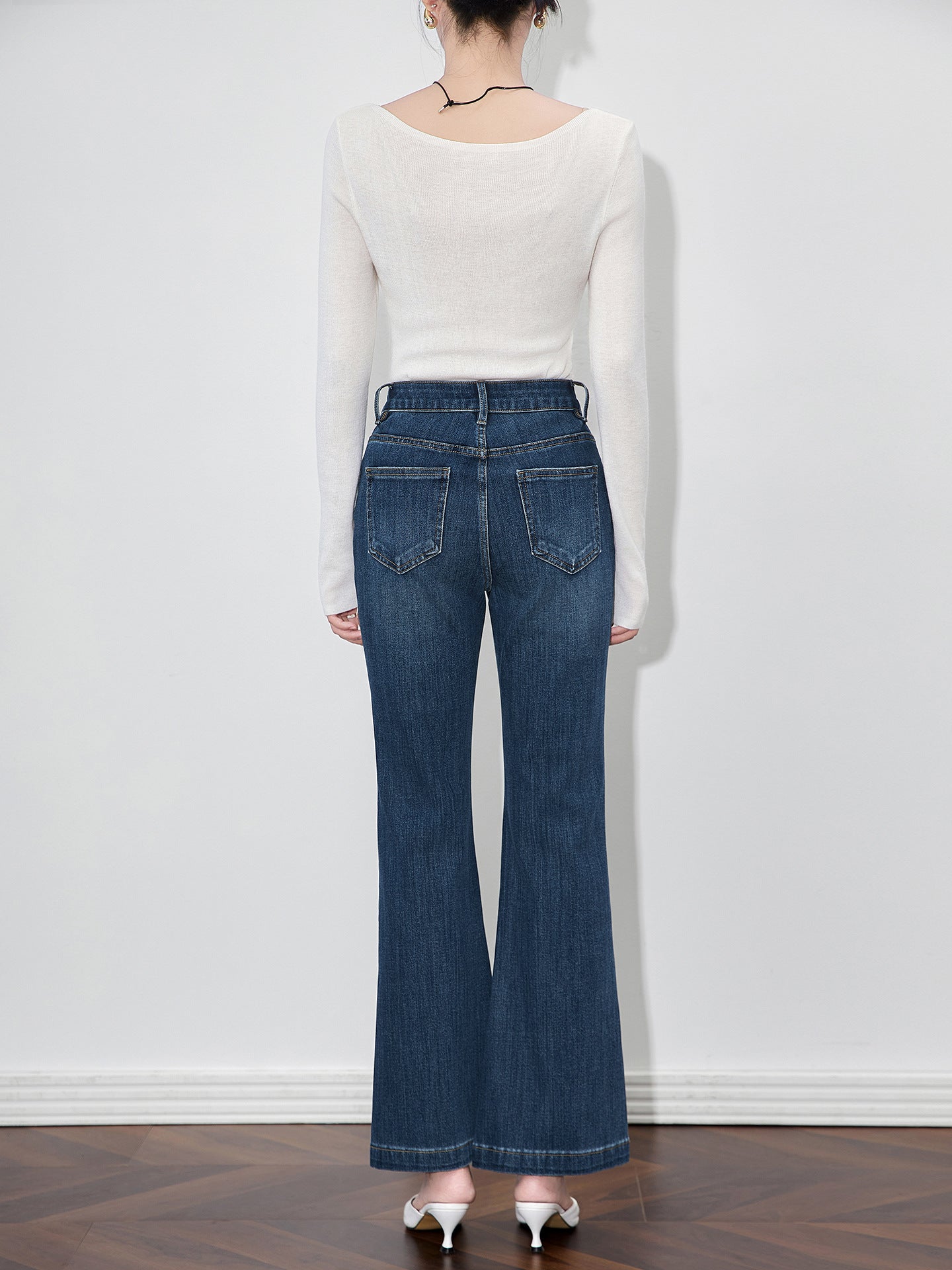 High Waist Bell Bot Jeans Women's Embroidered Slim Fit Casual Sle Denim Blue Color Spring Autumn Season Faion Trend