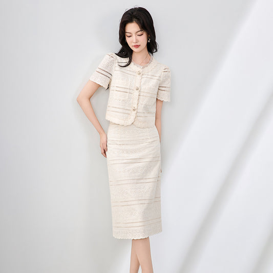 New Fashion Temperament Top Two-Piece Set Women's Slimming High Waist Embroidery Hollow A-Line Long Skirt Outfits