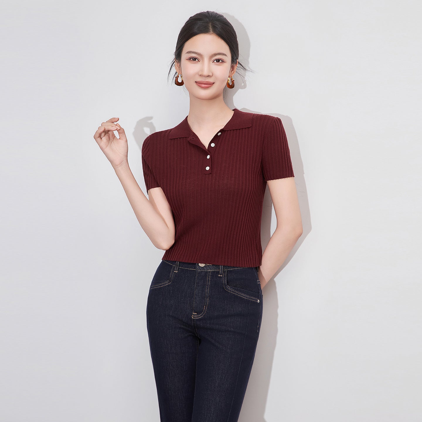 Women's Summer Knitted Polo Neck Tee Shirts Clothing Stretch Short Sleeve Bodycon Casual Folds Tops Ladies