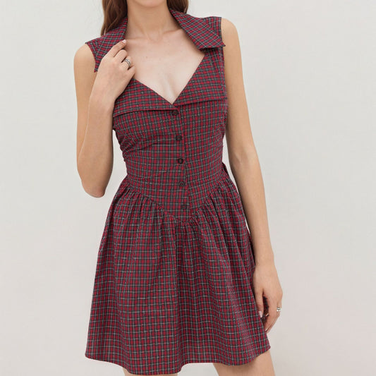 Check Slimming Dresses for Women Lapel Sleeveless High Waist Temperament Mini Dress
