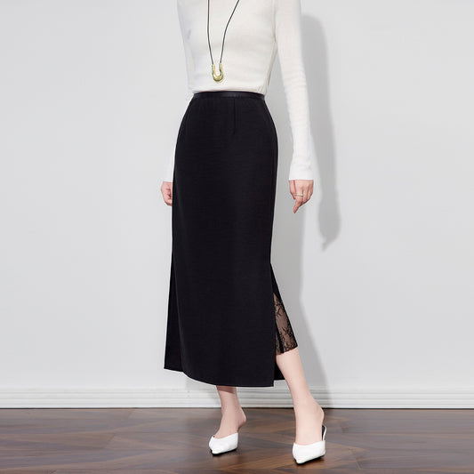 High Waist Midi Woolen Skirt Women's Autumn Winter New Style Elegant Wrap around Skirt Polyester Fiber Color Block Design