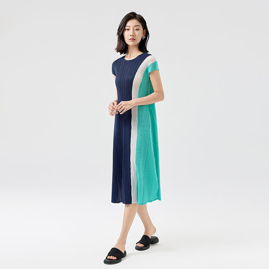 Summer New French Three-color Splicing Pleated Loose Temperament Irregular Split Dresses