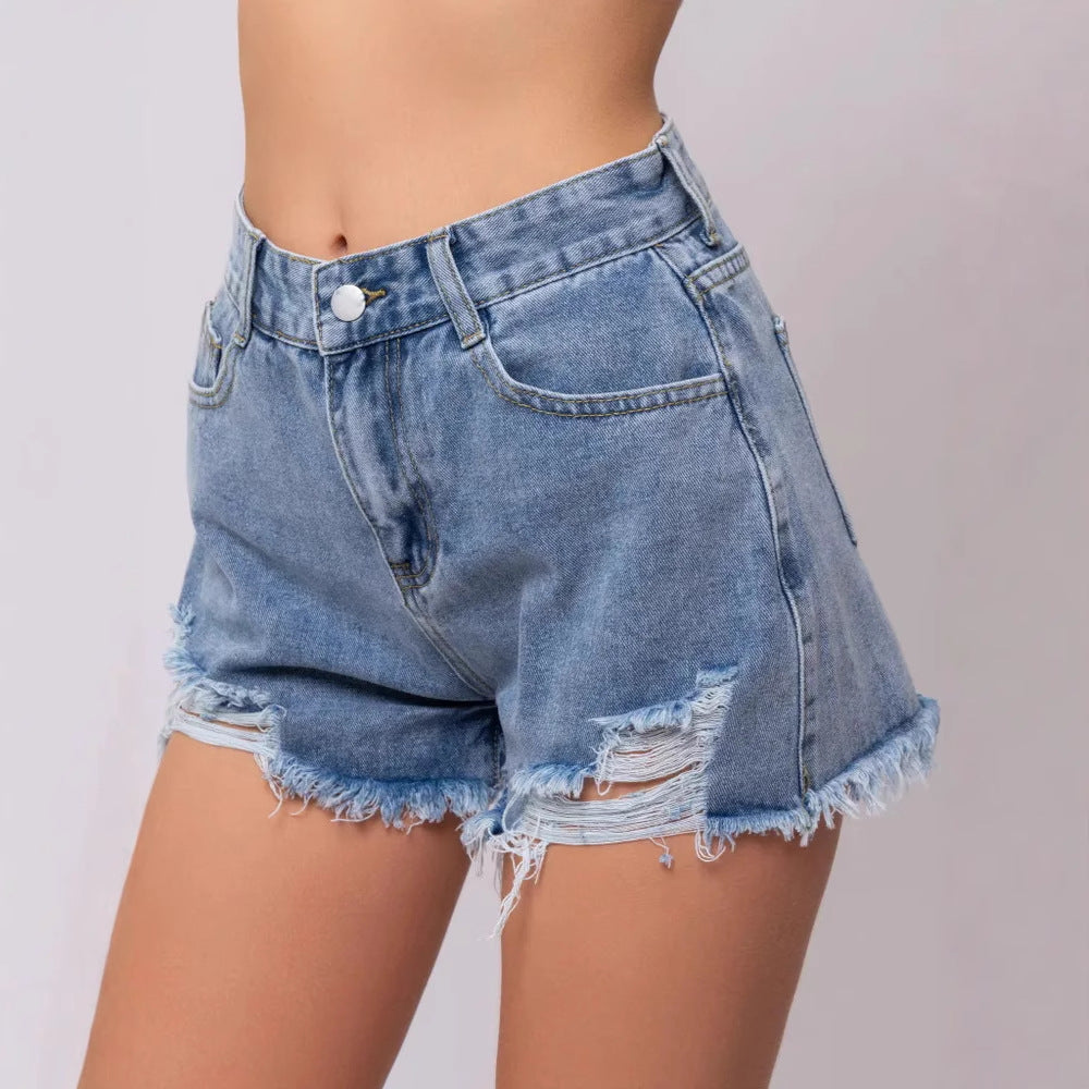 Women's Asymmetrical High Waist Ripped Distressed Denim Shorts Frayed Raw Hem Jean Shorts