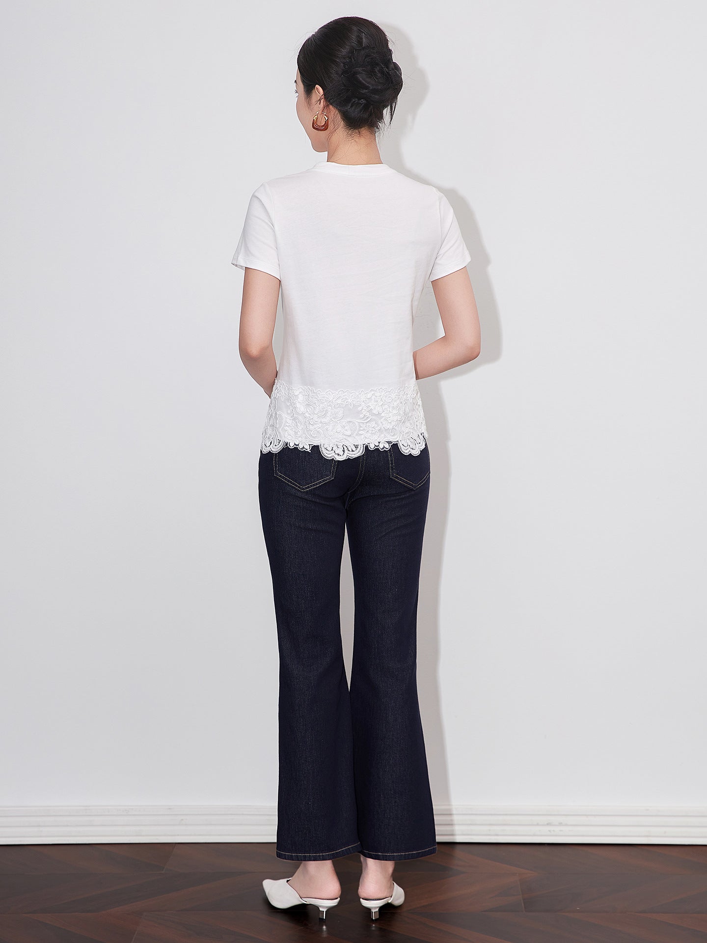 Women Summer Short Sleeve T-Shirt Top 100% Cotton Simple Irregular Lace Hem Trim Regular Shoulder Fashion