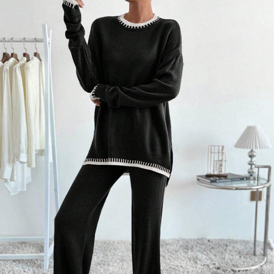 Women Knitting 2 Piece Set Casual Loose O Neck Pullover Top Wide Leg Pants Two Piece Outfits Fashion Color Matching Home Suit