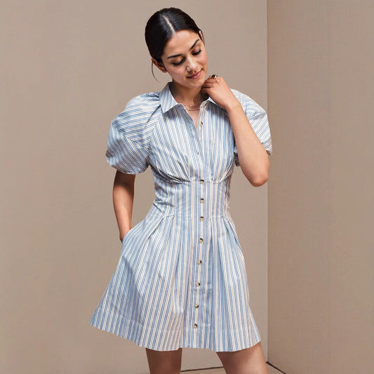 Summer Striped Print Shirts Dress Women Slim High Waist Fashion Ladies Mini Shirts Dresses Ruffle Pleated A-Line Woman Dress