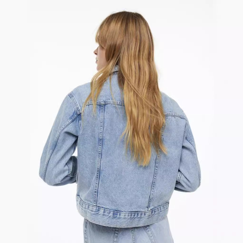 Women's Denim Jacket Long Sleeve Single Button Light Blue Spring Autumn Cotton Lycra Celebrity