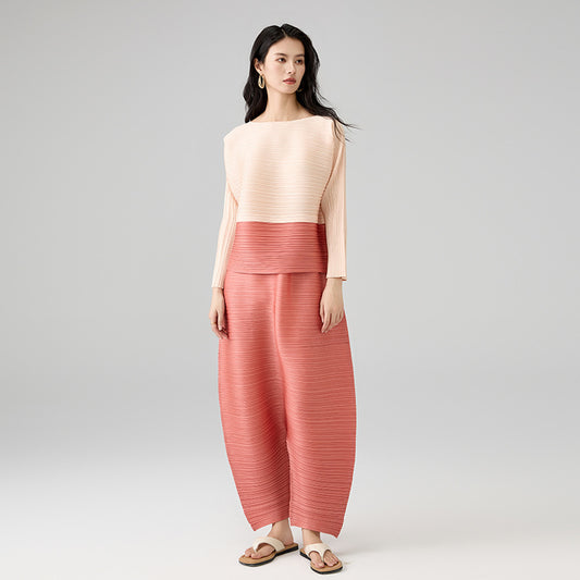 Spring New Fashion Color Clash Set Round Neck Top Loose Harlequin Pants Set