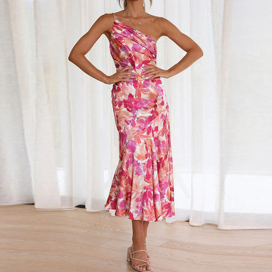 Elegant Oblique Shoulder Pleated Floral Print Spaghetti Dresses For Women Sexy Backless Strape Summer Midi Dress Vestidos