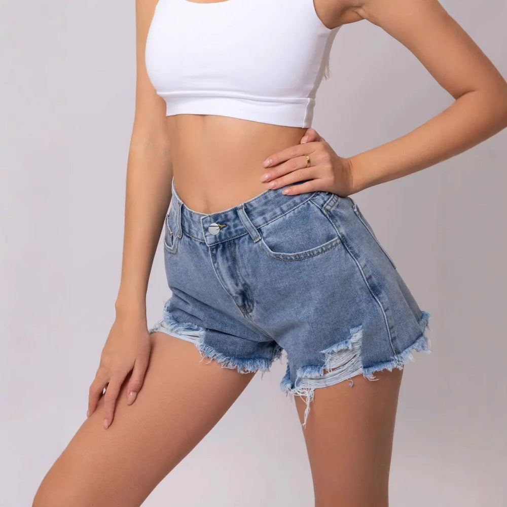 Women's Asymmetrical High Waist Ripped Distressed Denim Shorts Frayed Raw Hem Jean Shorts