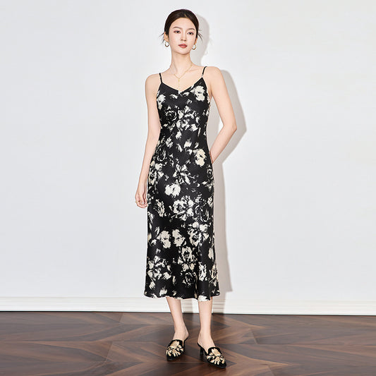 New Chinese Style Water-Media Painting Strap Beach Dress Women Summer Vacation Gown Sleeveless Super Fairy Tale Dress