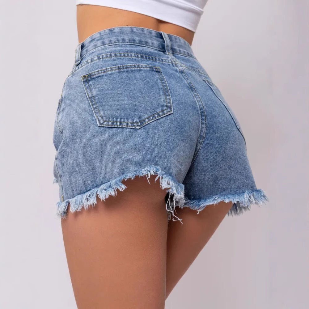 Women's Asymmetrical High Waist Ripped Distressed Denim Shorts Frayed Raw Hem Jean Shorts