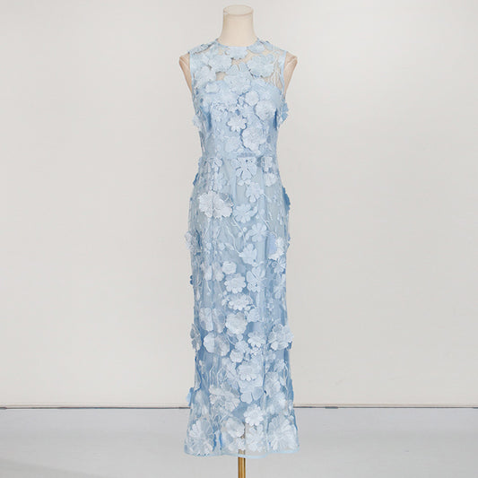 Summer 3D Flower Embroidery Lace Party Long Dress Women's Tank Black Pencil Evening Midi Wedding Dresses Lady