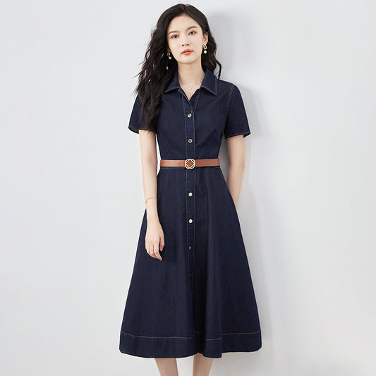 Women's Mid - Length Denim Dress with Belt Decoration and Button - Placket for A Casual and Stylish Look