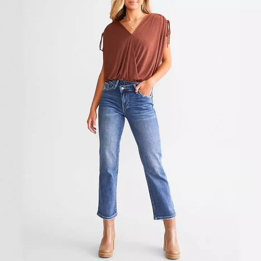 Denim Button Elastic Pocket Waist Jeans Woman High Street Vintage Trousers High Loose Women'S Jeans Cargo Pants
