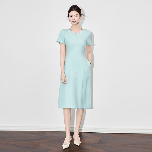 Elegant O Neck Beading Simple Dresses for Women Summer Short Sleeve Solid Green Black Office Lady Work Dress Midi Vestidos