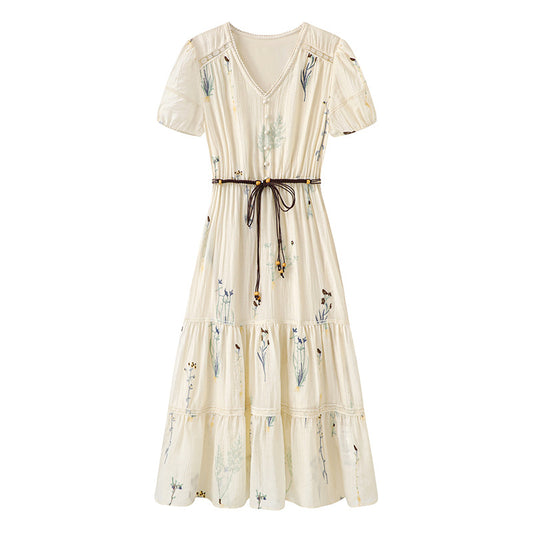 Elegant Printed Simple Waist-Cinching Midi Dress Women's Summer New Fashionable Ladylike Style Belted Dress