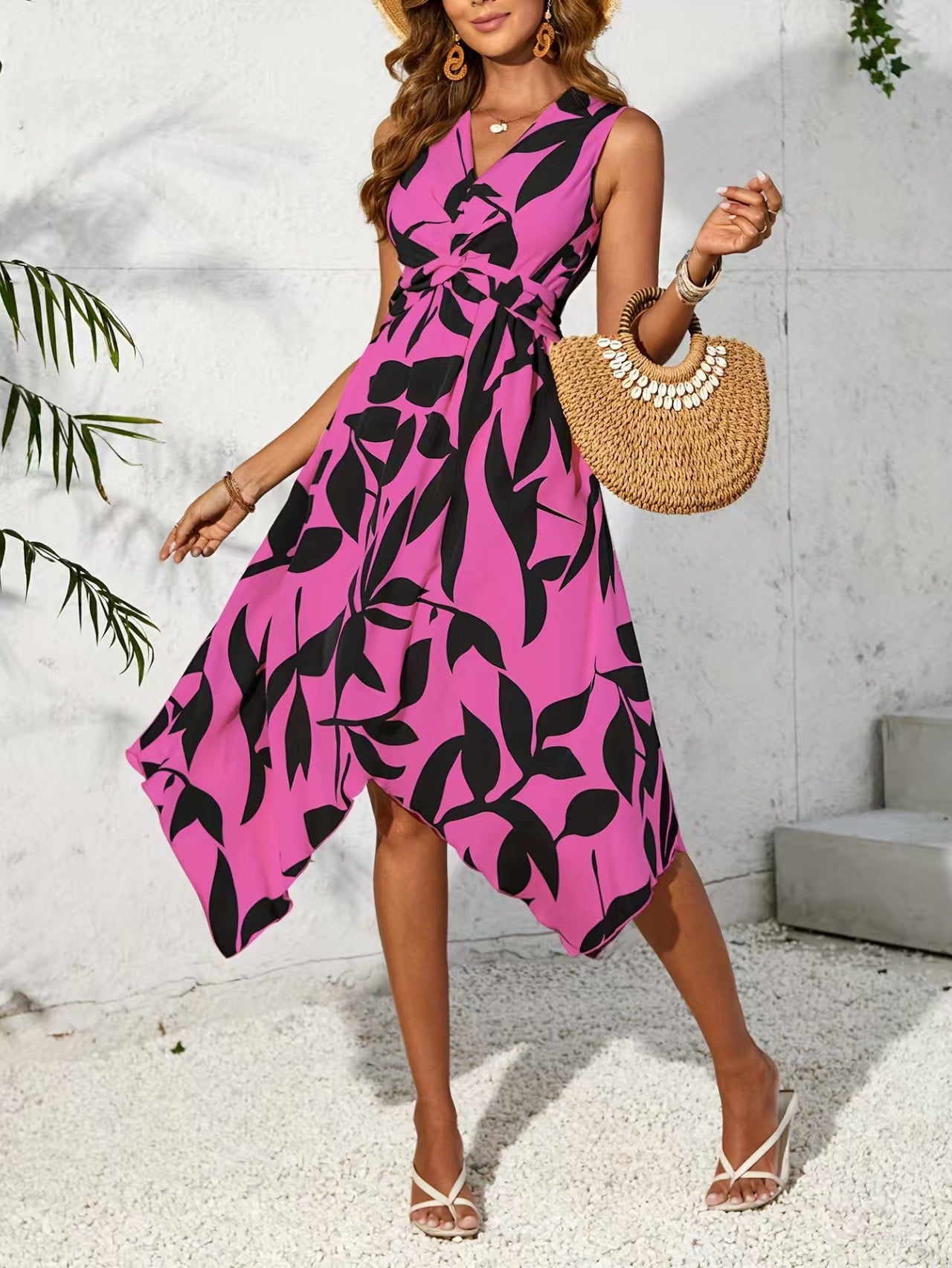 Beach Women Midi Dress 2024 Summer New Plus Size Maxi Long One Piece Dress Elegant Casual Leaf Printed Hem Dress Vestidos Female