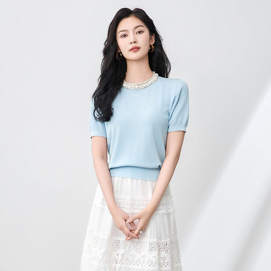Outlet Summer Ice Silk Knitted ort Sve T-irt Women's Loose Fit round Ne Top Commute Sle Faion Mom's Wardrobe