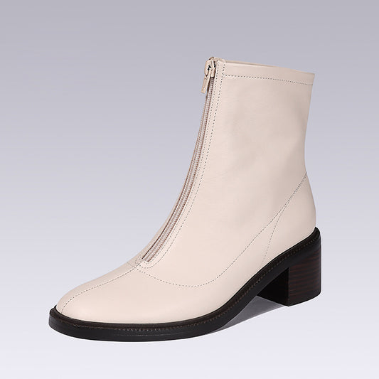 Women Boots Genuine Leather Shoes for Women Pointed Toe Chunky Heel Boots Western Boots Cowboy Boots
