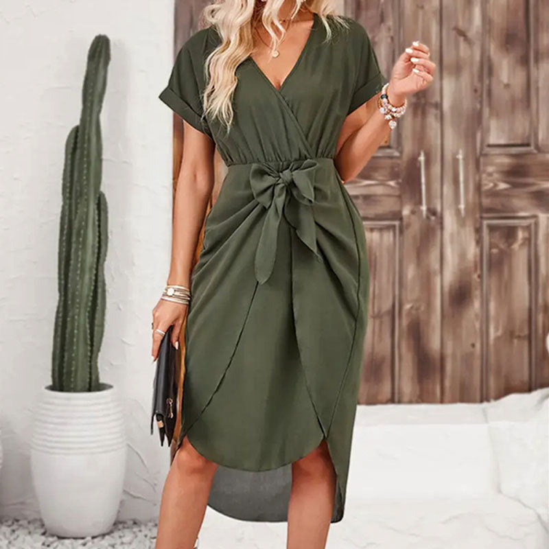 Women's Retro Solid Color Spring And Summer Dress Fashionable V-neck Short-sleeved Slit Wrap-around Loose Knotted Dress