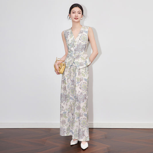 Elegant Lady Summer Print Linen Vest And Pant Sets Two Pieces Womens Outfit Vintage Trousers Suit