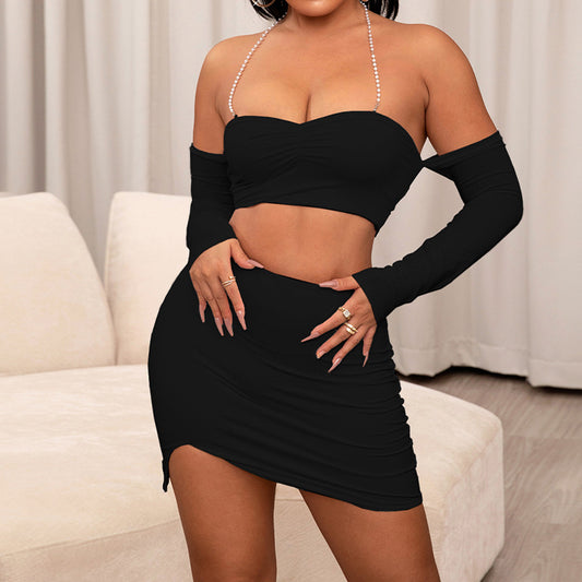 Knitted Beach Bikini Set For Women Sexy Hollow Swimsuit Cover Up Dress Set Slim High Waist Long Skirt Two Pieces Set