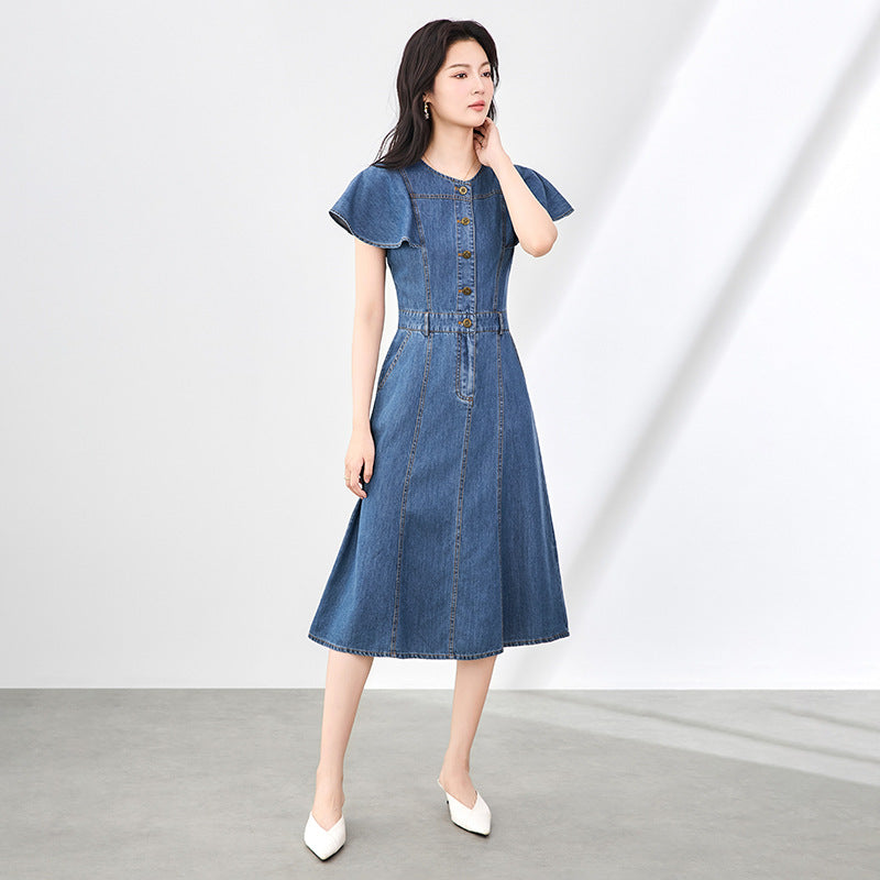 Women's Denim Dr Slimming Casual A-Line Skirt Mid-Length Svel Flng Sve Waist-Cinching Faionable