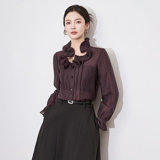 Edged Ruffled Collar Blouse Autumn 3D Flower Chiffon Shirt Women High End Lace up Tops Office Lady