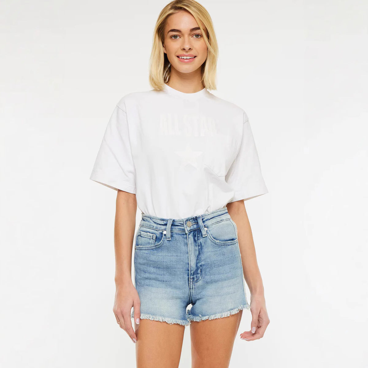 Women Simple Denim Shorts Daily Wear High Waist Loose Belt Jean Short Pant