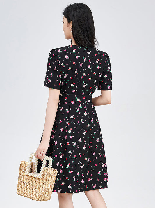 100%Real Silk Short Sleeve Dresses, Women O Neck Peach Printed, Elegant Chic Commute Dresses