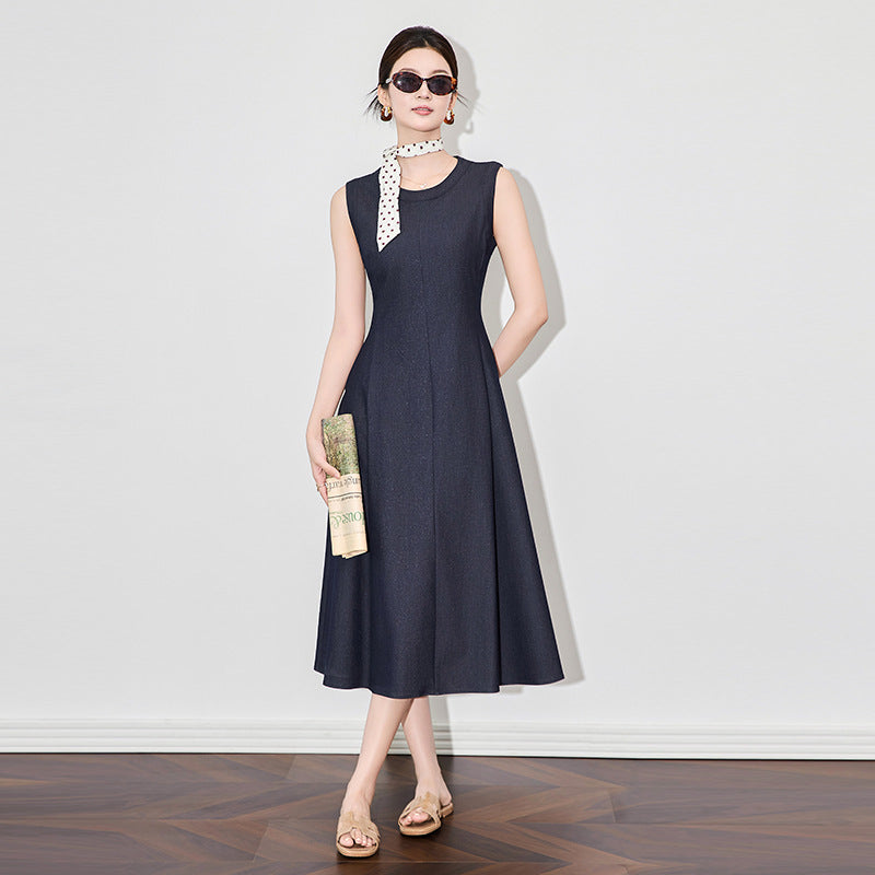 Women Sleeveless Midi Denim Dress Summer High Street Fashion O Neck Vintage Casual Dresses
