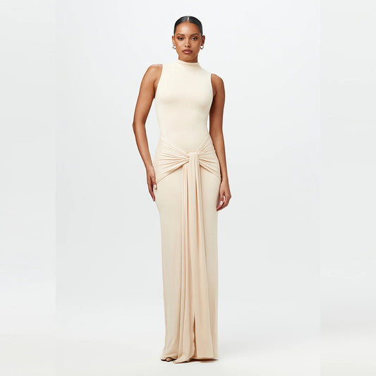 Half High Collar Irregular Tank Dress For Women New Fashion Sleeveless Bodycon Ruched Sexy Long Dress Elegant
