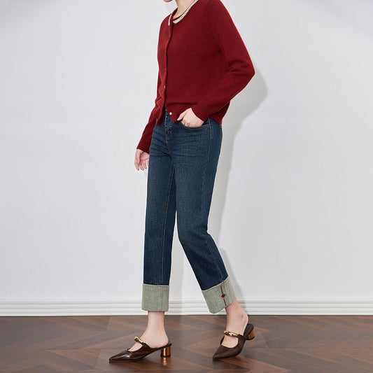 Winter Edition New Style Med Waist Versatile Casual Loose Retro Straight Cylinder Pants