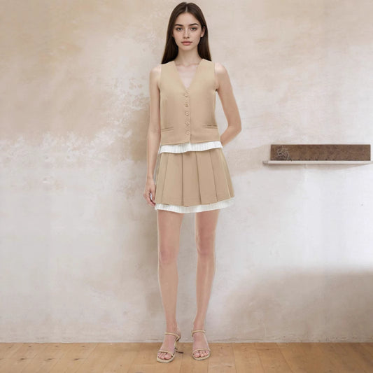 Spring New Arrival Women's Wide Pleat Stripe Vest Sle Dr High Waist No Sve Polyester Fiber ort Skirt V Ne Single ...