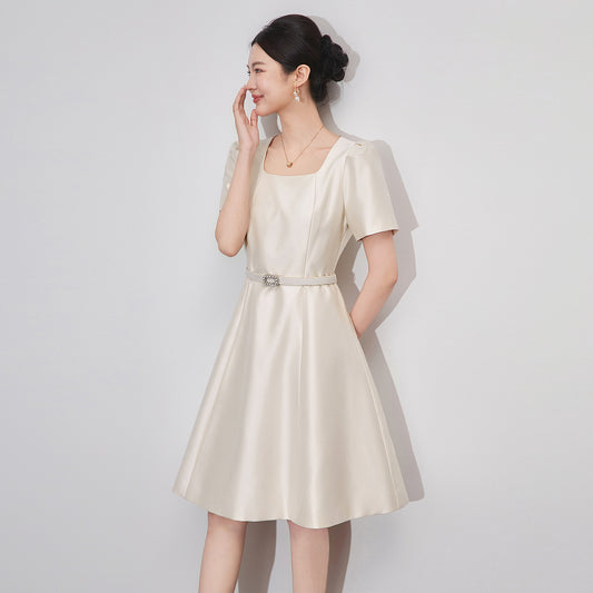 French Elegant Temperament Commuter Dresses Square Neck Bubble Sleeve High Waist Belt Slim A-line Socialite Short Dress Women