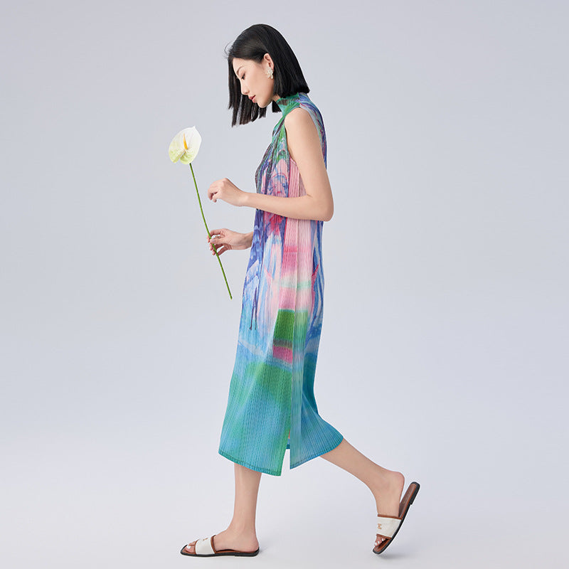 Elegant Resort Style Vest Dresses Fashion Models Printed Pleated Sleeveless Lace Up Design Women's Long Dresses