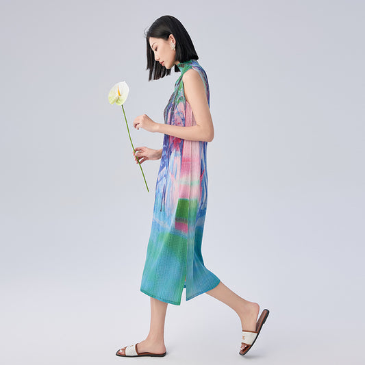 Elegant Resort Style Vest Dresses Fashion Models Printed Pleated Sleeveless Lace Up Design Women's Long Dresses