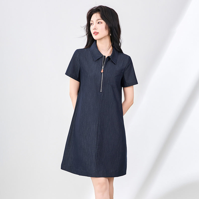 Women Turn-Down Collar Shirt Dress Half Open Zipper Short Sleeve Solid Color Mini Robe for Lady