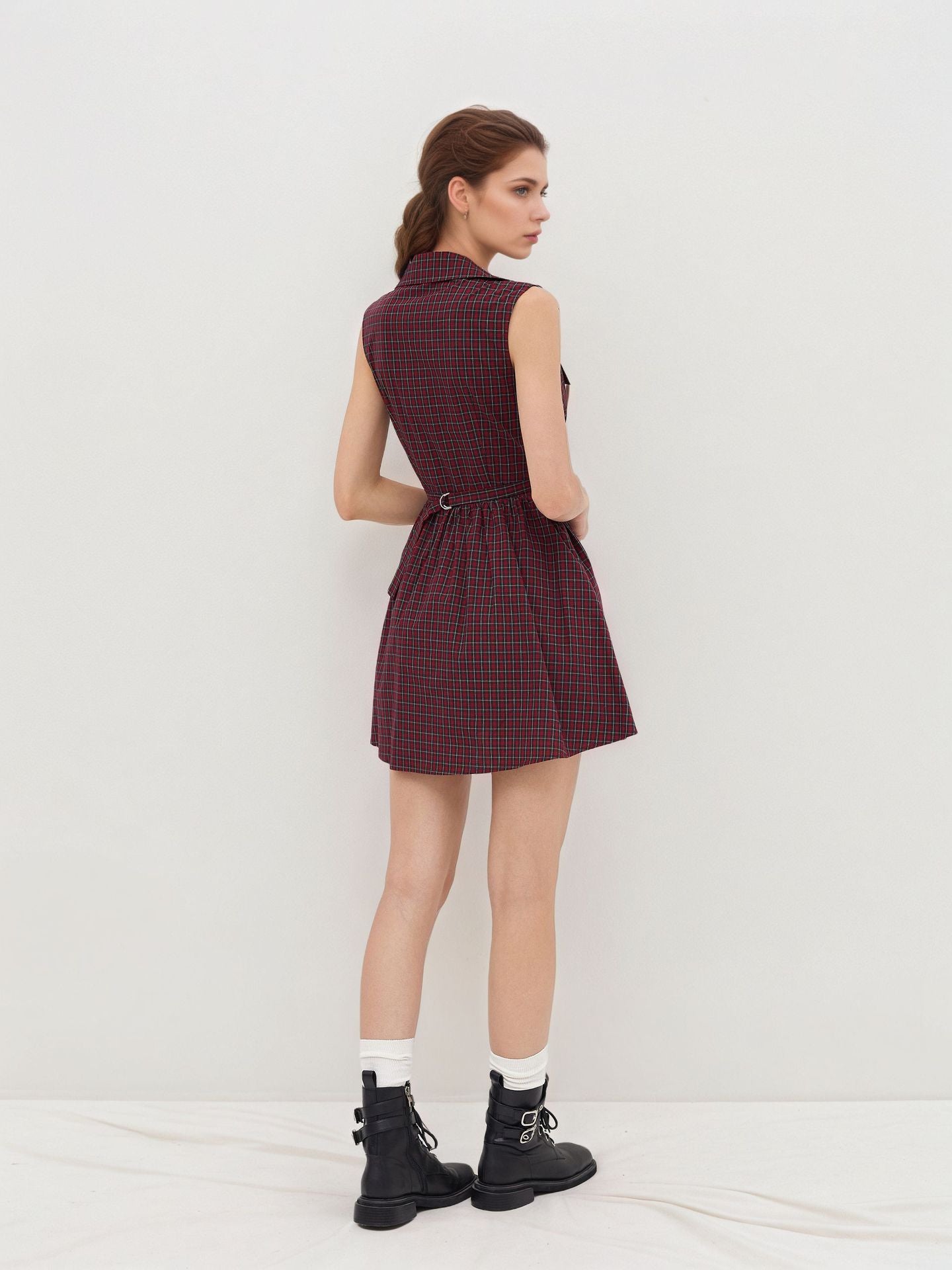 Check Slimming Dresses for Women Lapel Sleeveless High Waist Temperament Mini Dress
