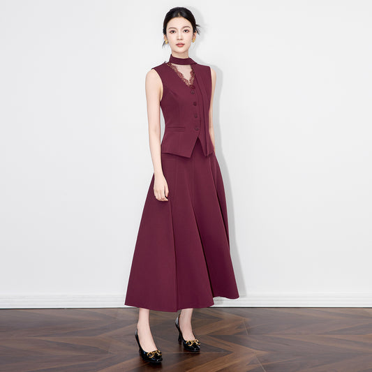 Fashion Elegant Summer Two Piece Set Women Lace Spliced V-neck Sleeveless Vest Top + Long Skirt Office Lady Suit