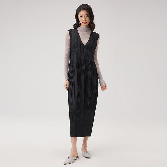 French Pleated Women's Dress V-neck Sleeveless Elegant Long Dresses Female Fashion Casual