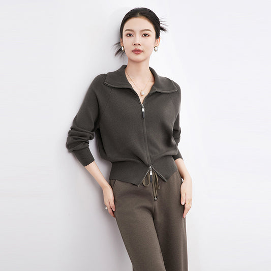 Spring Cardigan Woman 2025 New Office Lady Turn Down Collar Long Sleeve Zipper Knitwear Female Clothing