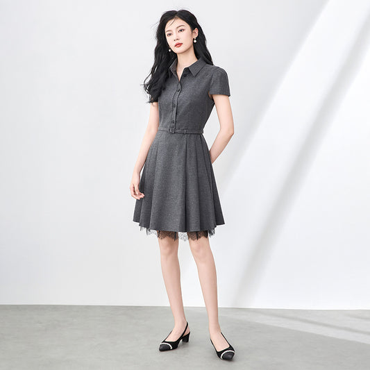 Turn down Collar Summer Dress Grey Short Sleeve Lace Patchwork Casual Office Fashion Women Dress
