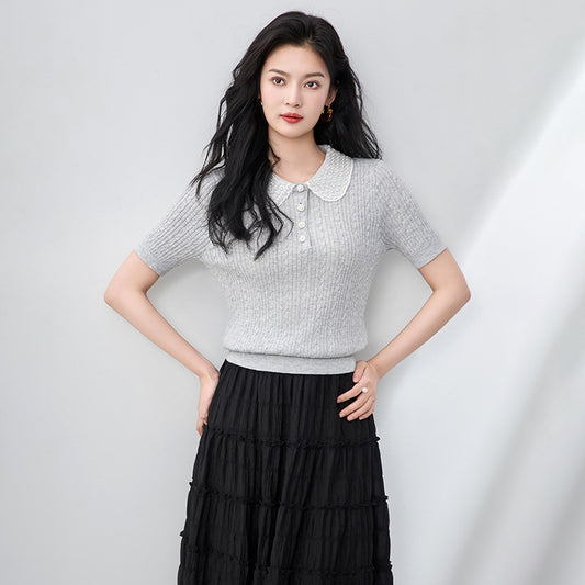 Summer Knitted Short Sleeve Shirt with Pearl Embellishment And Pleated Neck Design for Women Elegant Top