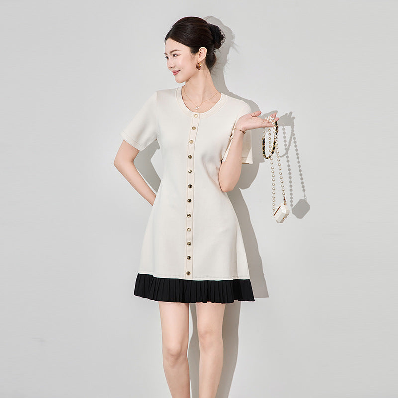 Black Women's Knitted Dress Elastic Splicing and Creasing 2025 Spring/summer Fashionable Slimming Short Sleeved Dress