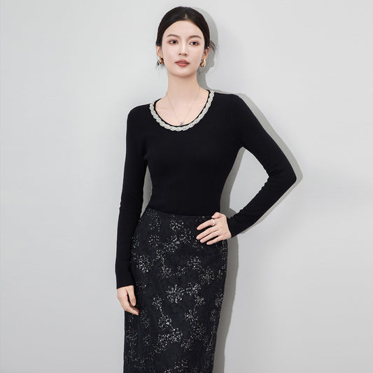 Diamond-Studded Pullover Shirt 2025 Autumn New Comfortable Knitted Top French High-End Slimming Long-Sleeve Sweater Top