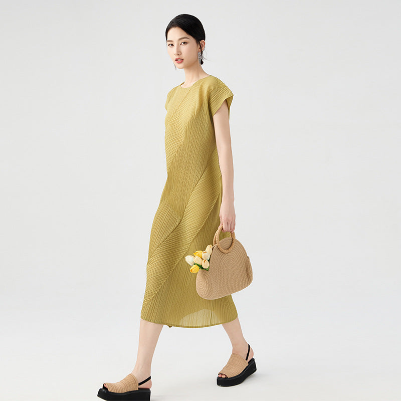 Hot Selling Pleated Dress Irregular Casual Solid Color Slim Round Neck Short Sleeve Folded Mid-length Dress
