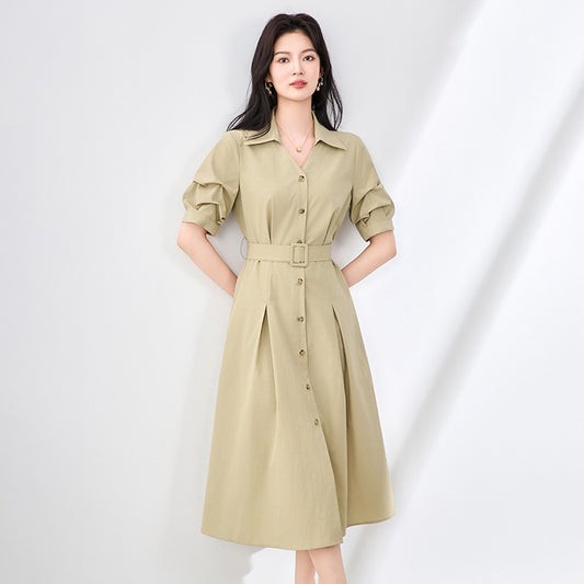 Khaki Color Women's Korean Sle High Waist irt Collar Single Button Vintage Flap Waist Slimming Mid-Length